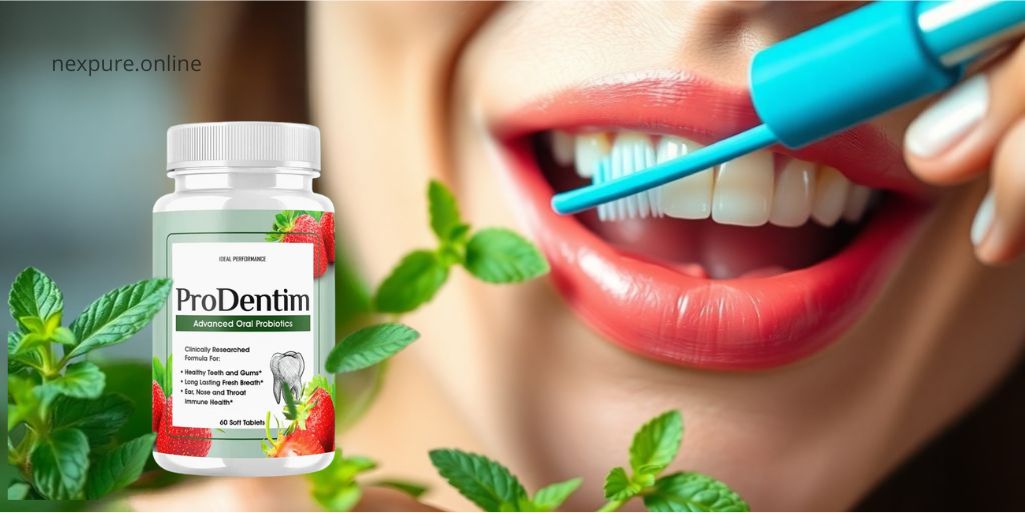 Person brushing teeth with ProDentim and mint leaves.